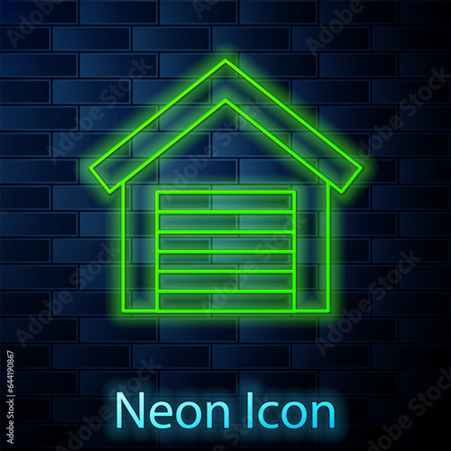 Glowing neon line Garage icon isolated on brick wall background. Vector