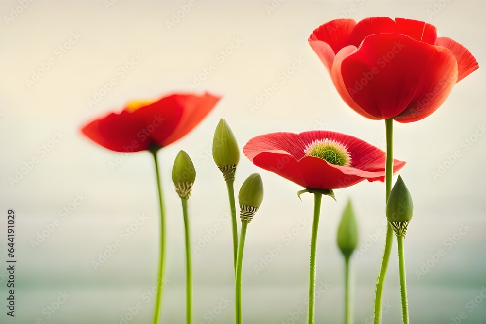 Obraz premium Poppy beautiful flower on single branch, lying in right side, with white background