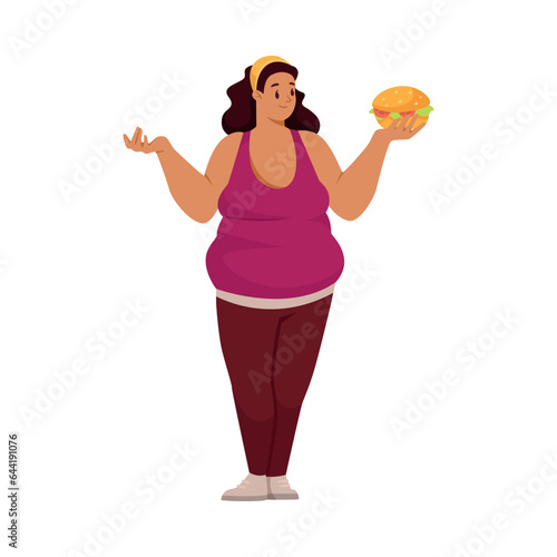 Fat Woman Character with Full Body and Obesity with Hamburger Vector Illustration