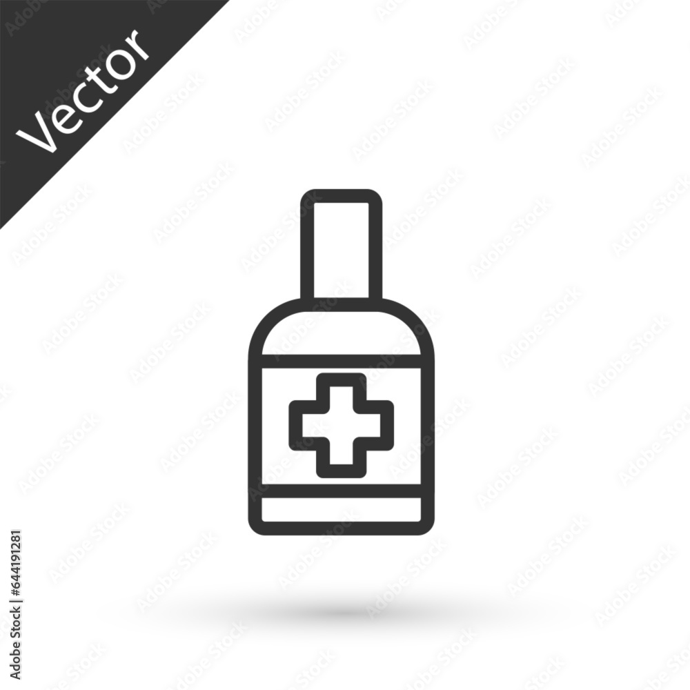 Grey line Bottle of liquid antibacterial soap with dispenser icon isolated on white background. Antiseptic. Disinfection, hygiene, skin care. Vector. Grey line Bottle of liquid antibacterial soap with dispenser icon isolated on white background. Antiseptic. Disinfection, hygiene, skin care. Vector.