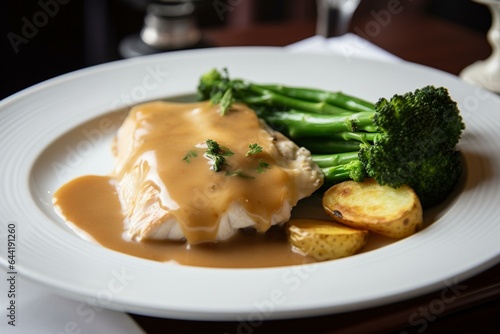 Dish of fish in savory gravy, served with potatoes, asparagus, and broccoli on a white plate. Generative AI