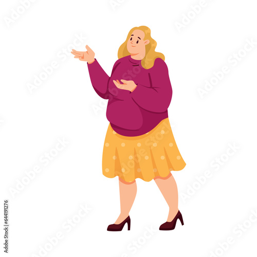 Fat Woman Character with Full Body and Obesity Standing and Smiling Vector Illustration