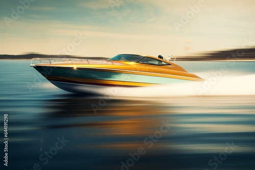Motion-blurred speedboat sailing. Generative AI