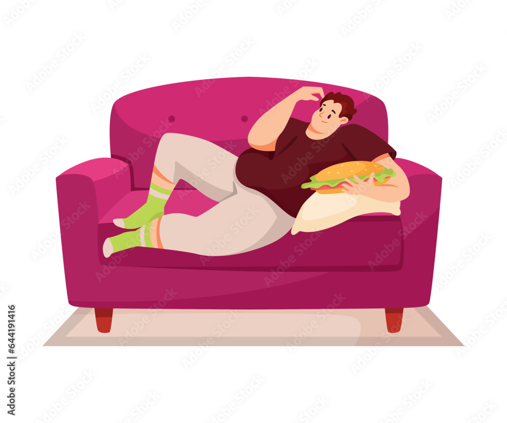 Fat Man Character with Full Body and Obesity Lying on Sofa with Sandwich Vector Illustration Fat Man Character with Full Body and Obesity Lying on Sofa with Sandwich Vector Illustration