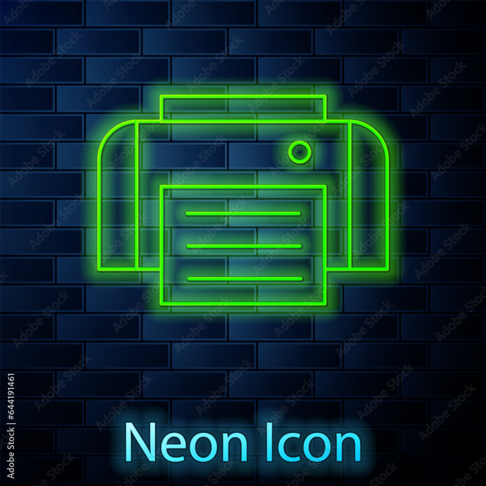 Glowing neon Printer icon isolated on brick wall background. Vector Glowing neon Printer icon isolated on brick wall background. Vector