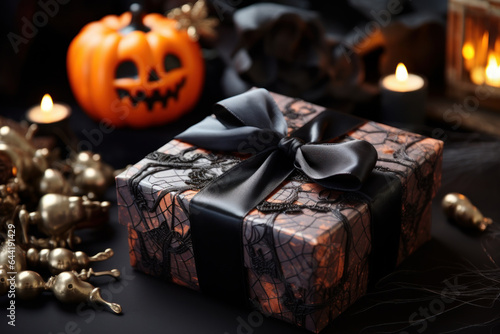 Orange gift box with black ribbon and pumpkin, Halloween copcept © happy_finch