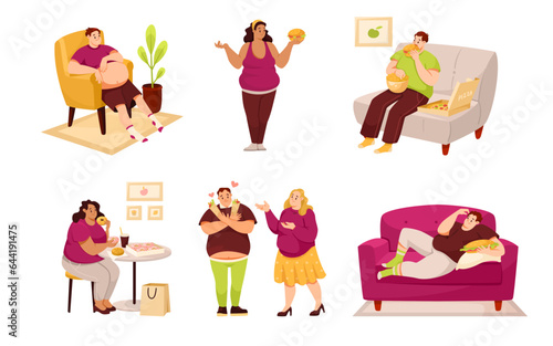 Fat People Characters with Full Body and Obesity Vector Set