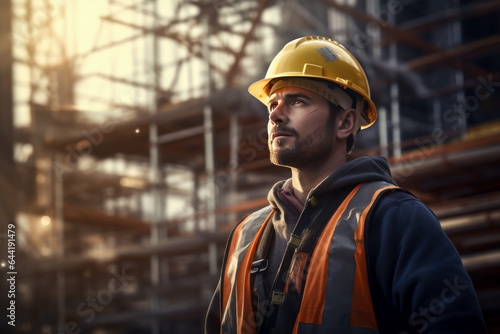 worker in a helmet on the background of a construction site