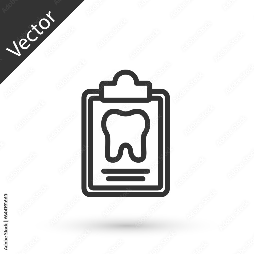 Grey line Clipboard with dental card or patient medical records icon isolated on white background. Dental insurance. Dental clinic report. Vector Grey line Clipboard with dental card or patient medical records icon isolated on white background. Dental insurance. Dental clinic report. Vector