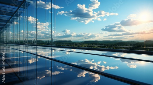 Modern glass building architecture with blue sky and clouds © JM Nimhas