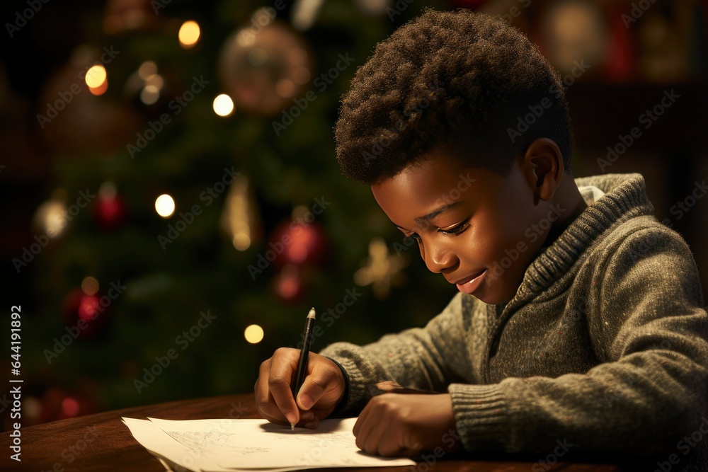 Little black boy writing letter to Santa, wish list of presents for Christmas in decorated room Little black boy writing letter to Santa, wish list of presents for Christmas in decorated room