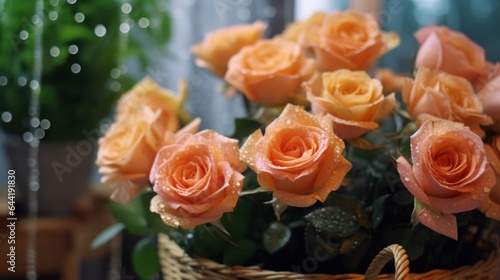 Bouquet of orange roses in a wicker basket. Selective focus. Mother s day concept with a space for a text. Valentine day concept with a copy space.