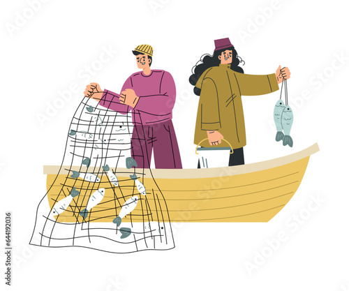 Man and Woman Fishing with Net on Lake Sailing in Boat Vector Illustration