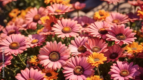 Close up of pink osteospermum flowers in the garden. Mother s day concept with a space for a text. Valentine day concept with a copy space.