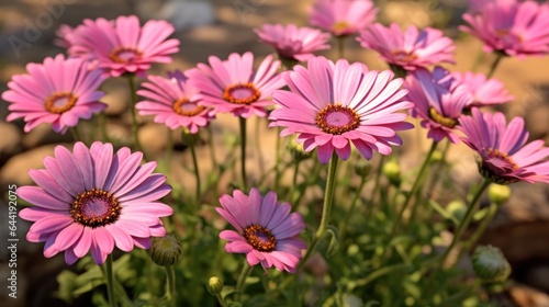 Close up of pink osteospermum flowers in the garden. Mother s day concept with a space for a text. Valentine day concept with a copy space.