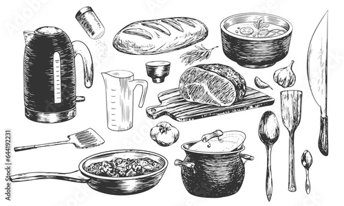Set of sketches of kitchen utensils for cooking. Hand drawn kettle, spoons, knife, spatula, pot, frying pan, measuring cup, roast beef on cutting board isolated on white background. Illustration
