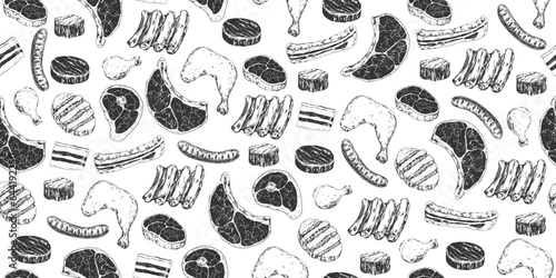 Seamless pattern with beef steaks, chicken leg, lamb ribs, pork ham, salo, sausage. Raw meat. Hand drawn beef steak  Beef medallion. Vintage engraving. Background with butcher shop product