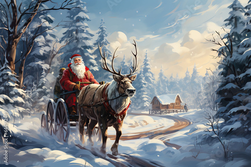 Santa Claus rides in a carriage drawn by a reindeer on the background of a winter landscape