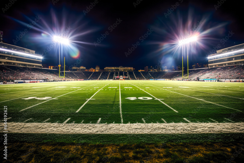 Stadium at night with bright lights and grass field