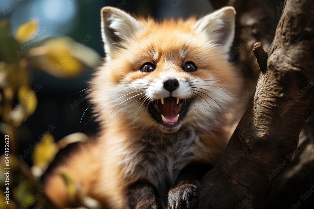 Young fox with open mouth and sharp teeth in the forest