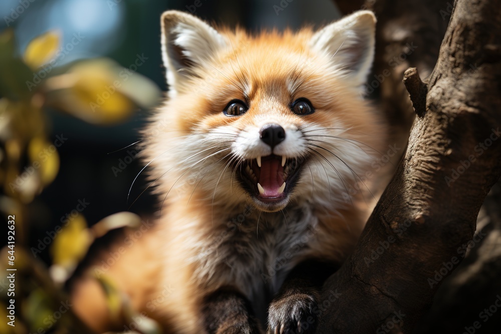 Obraz premium Young fox with open mouth and sharp teeth in the forest