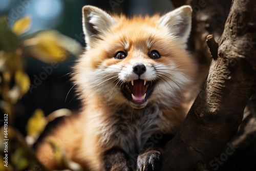 Young fox with open mouth and sharp teeth in the forest