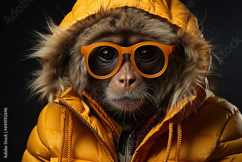 Strange funny monkey in a fashionable jacket and glasses on a black background