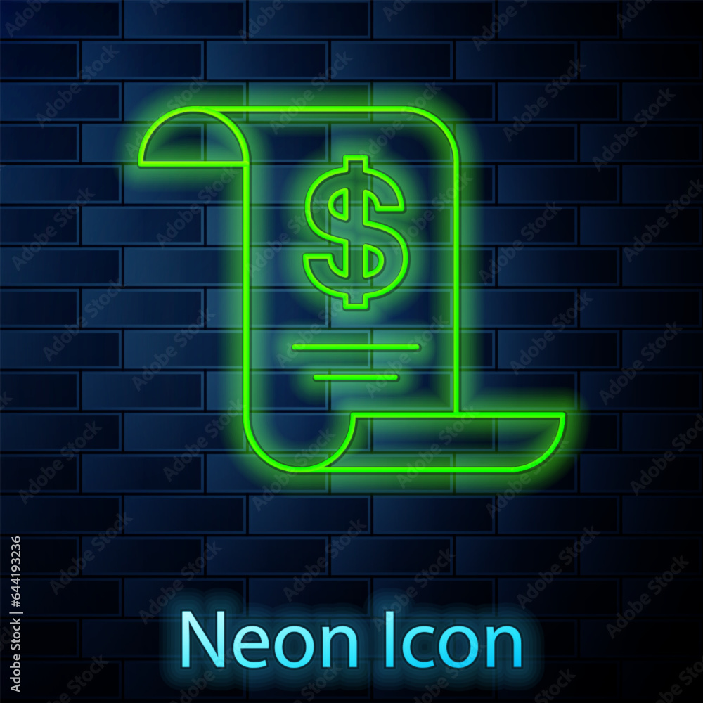 Glowing neon line Paper or financial check icon isolated on brick wall background. Paper print check, shop receipt or bill. Vector Glowing neon line Paper or financial check icon isolated on brick wall background. Paper print check, shop receipt or bill. Vector