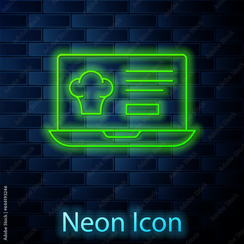 Glowing neon line Online ordering and fast food delivery icon isolated on brick wall background. Vector Glowing neon line Online ordering and fast food delivery icon isolated on brick wall background. Vector