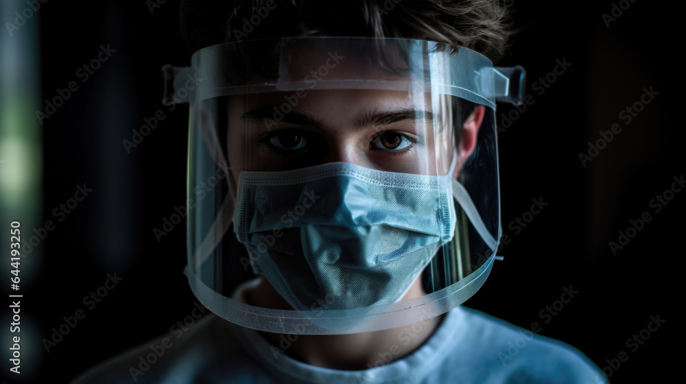 Teen Boy Wearing Face Mask and Face Shield during COVID-19 Pandemic Generative AI Teen Boy Wearing Face Mask and Face Shield during COVID-19 Pandemic Generative AI