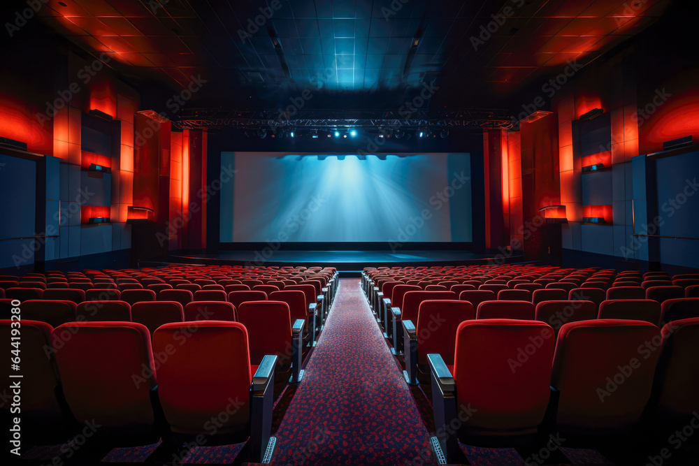 Cinema auditorium with red seats and projector screen in night time