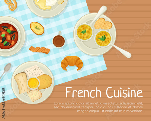 French Cuisine Banner Design with Tasty Dish Top View Vector Template