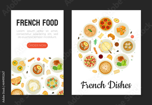 French Cuisine Banner Design with Tasty Dish Top View Vector Template