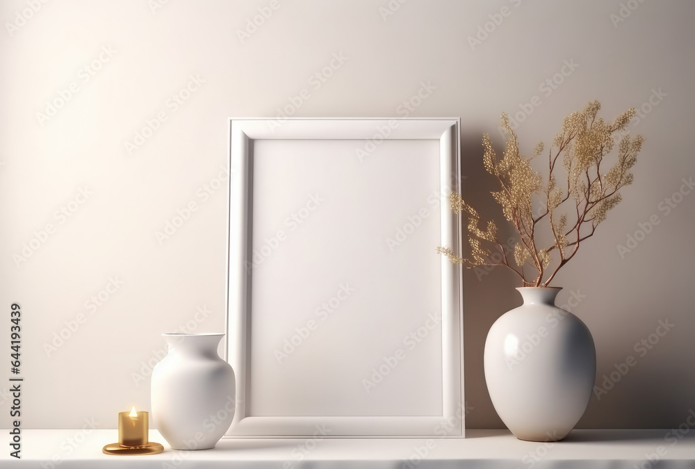 Beautiful blank mockup template for wall art, gold border and decorations with warm lighting