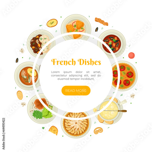 French Cuisine Banner Design with Tasty Dish Top View Vector Template