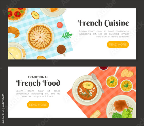French Cuisine Banner Design with Tasty Dish Top View Vector Template
