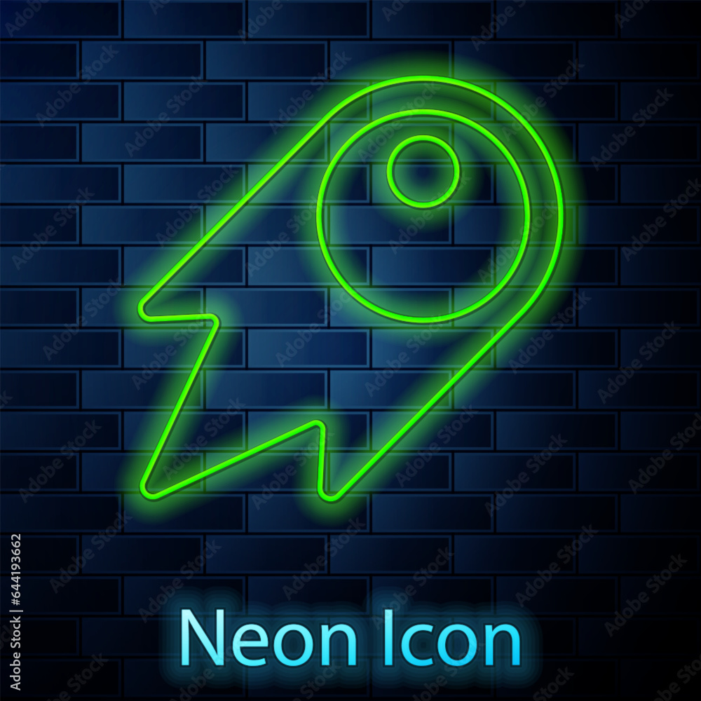 Glowing neon line Comet falling down fast icon isolated on brick wall background. Vector Glowing neon line Comet falling down fast icon isolated on brick wall background. Vector
