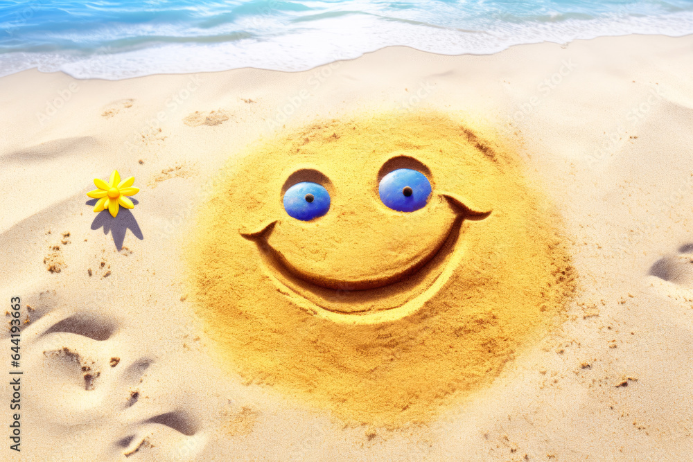 Obraz premium Smiley face on the sand with starfishes and sea background