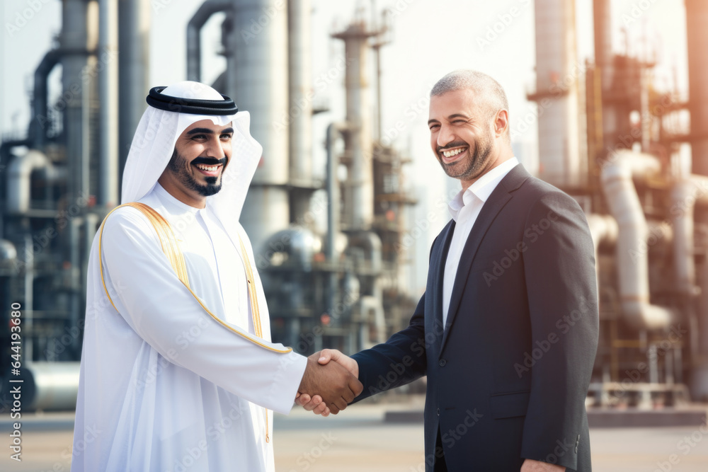 Arab man in keffiyeh shake hands with a white business man after a successful business deal. Oil refinery in the background Arab man in keffiyeh shake hands with a white business man after a successful business deal. Oil refinery in the background