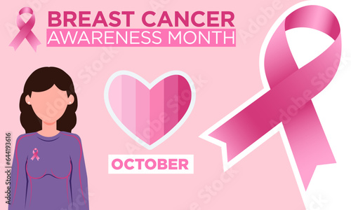 Banner horizontal del Día Internacional de lucha contra el Cáncer de mama, con listón, corazón rosa y ilustración de mujer