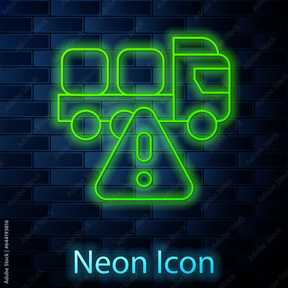 Glowing neon line Stop delivery cargo truck vehicle icon isolated on brick wall background. Vector Glowing neon line Stop delivery cargo truck vehicle icon isolated on brick wall background. Vector