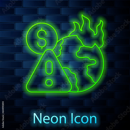 Glowing neon line Global economic crisis icon isolated on brick wall background. World finance crisis. Vector