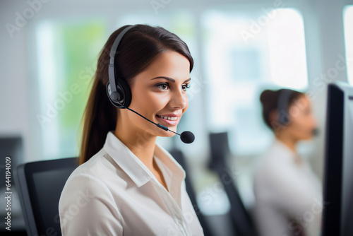 Portrait of smiling customer support phone operator in headset at office.