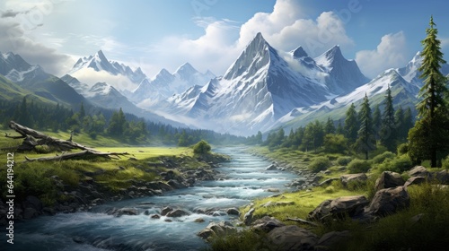 mountains and river atmospheric daytime landscape realistic. © Yahor Shylau 