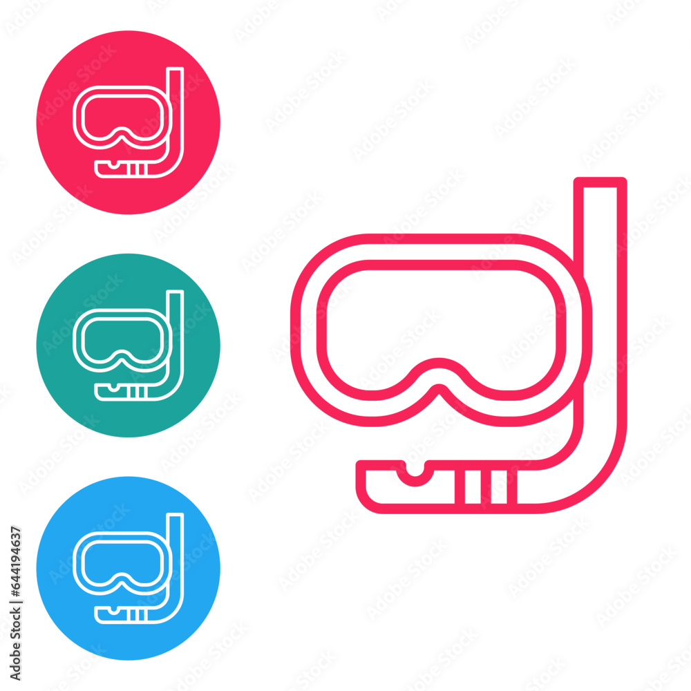Red line Diving mask and snorkel icon isolated on white background. Extreme sport. Diving underwater equipment. Set icons in circle buttons. Vector Red line Diving mask and snorkel icon isolated on white background. Extreme sport. Diving underwater equipment. Set icons in circle buttons. Vector
