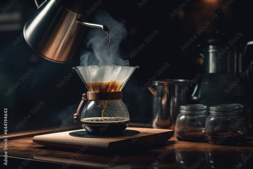  Professional barista preparing coffee using chemex pour over coffee maker and drip kettle in dark background. Young man making coffee. Alternative ways of brewing coffee. Coffee shop concept - obrazy, fototapety, plakaty 