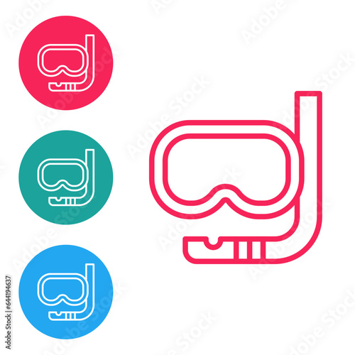 Red line Diving mask and snorkel icon isolated on white background. Extreme sport. Diving underwater equipment. Set icons in circle buttons. Vector