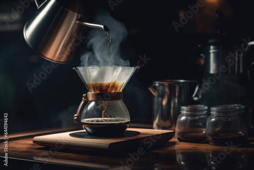  Professional barista preparing coffee using chemex pour over coffee maker and drip kettle in dark background. Young man making coffee. Alternative ways of brewing coffee. Coffee shop concept