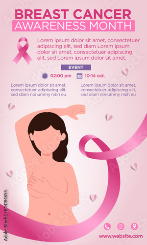 Cartel del Día Internacional de lucha contra el Cáncer de mama, con listón rosa e ilustración de mujer auto explorándose los pechos