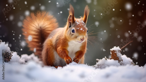Closeup of a cute squirrel in the snow. Winter wild life. © britaseifert